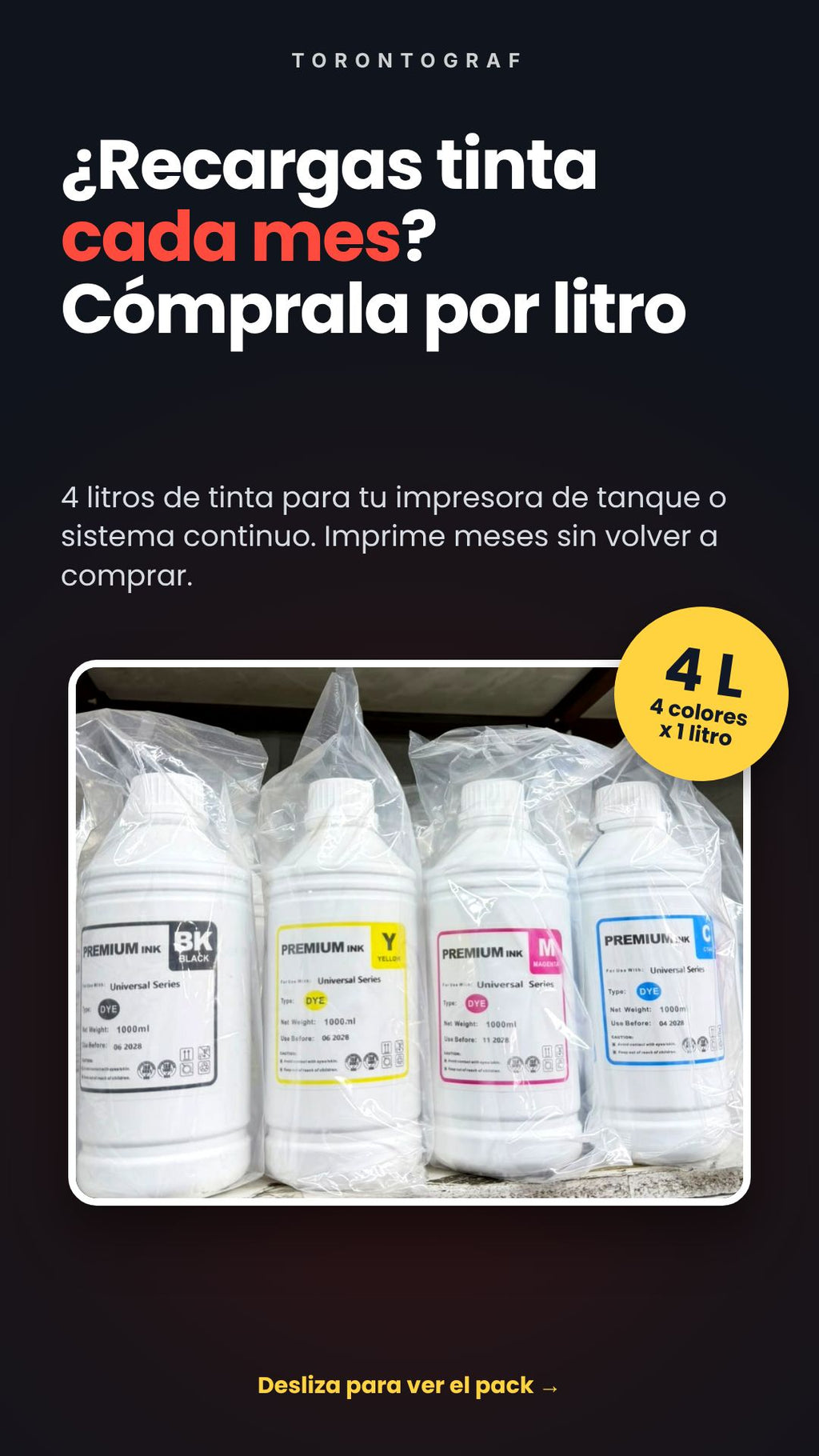 Pack Tinta Premium 4 Colores x 1 Litro – Tinta Universal DYE (BK, C, M, Y)