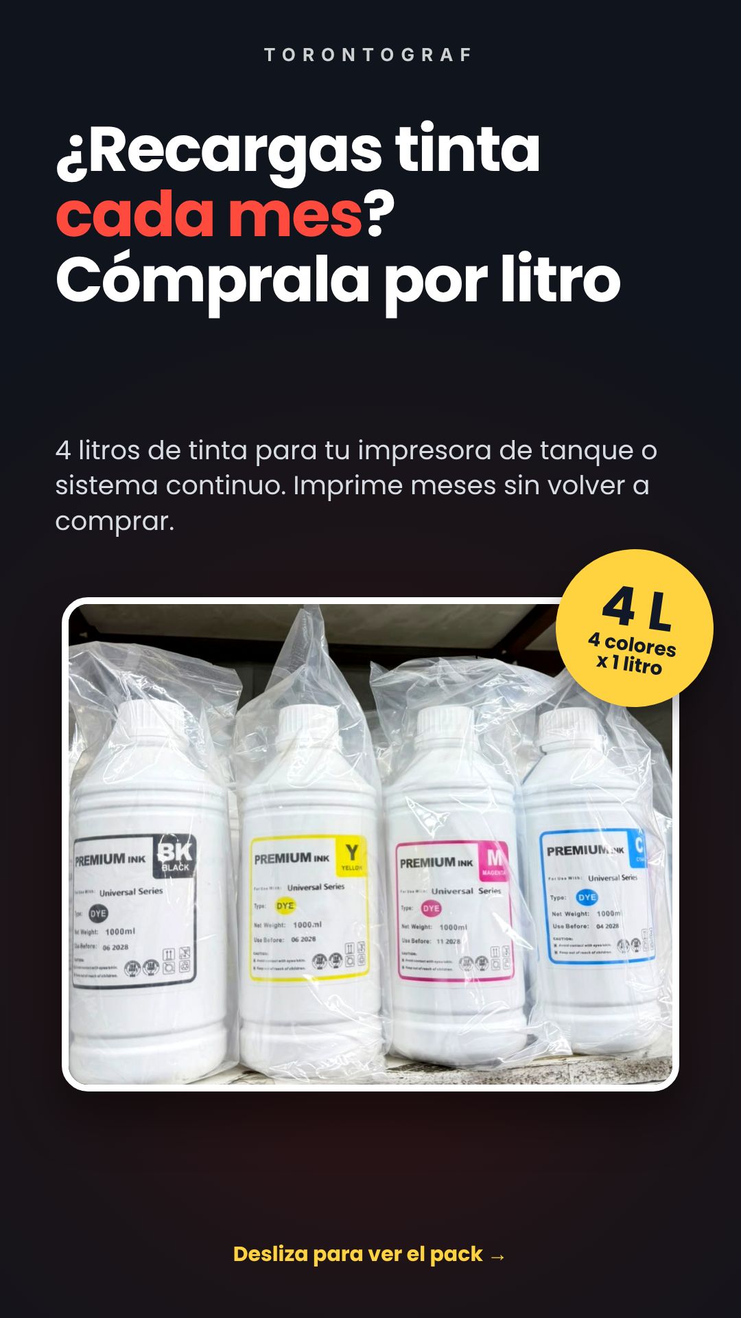 Pack Tinta Premium 4 Colores x 1 Litro – Tinta Universal DYE (BK, C, M, Y)