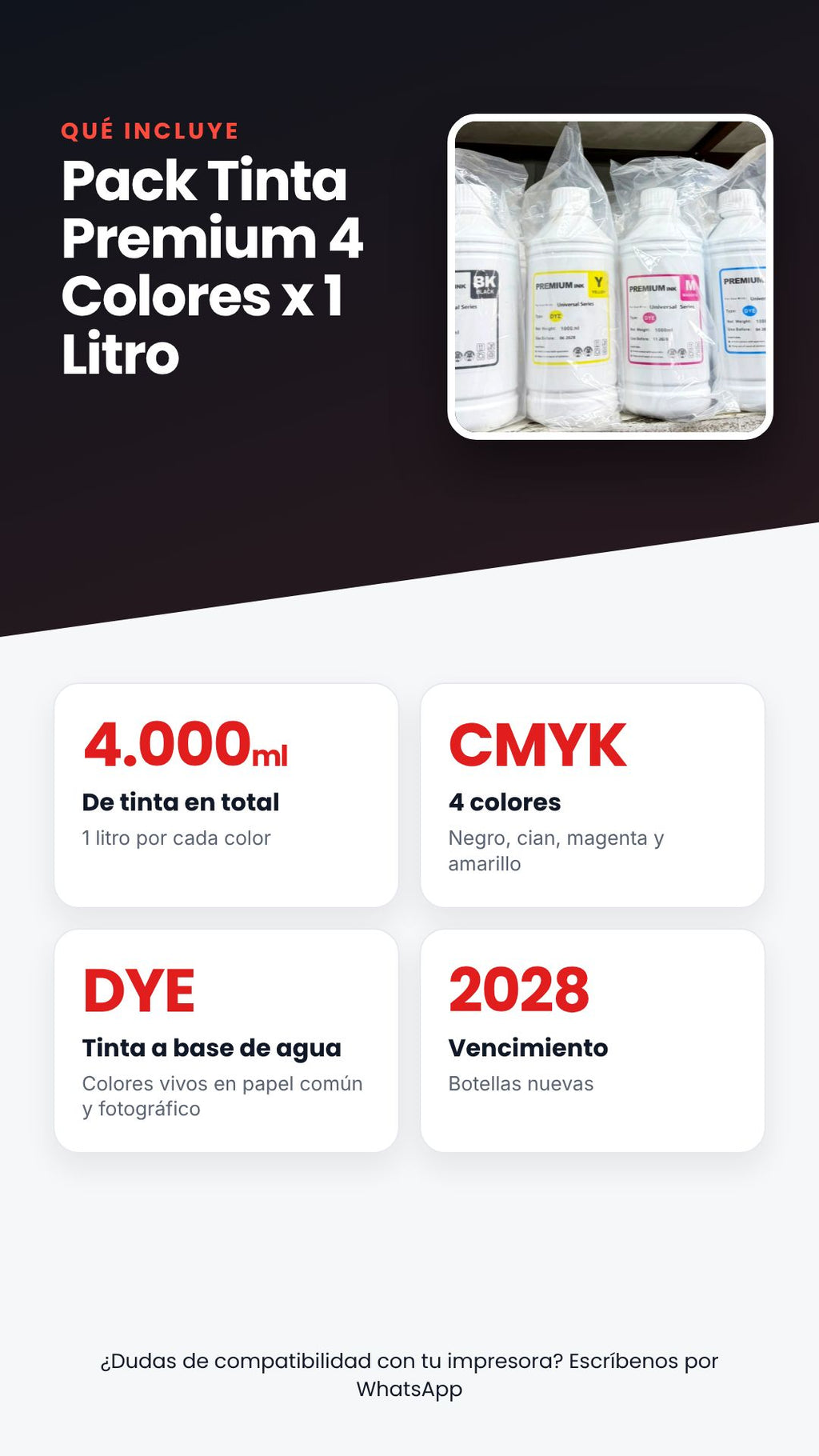 Pack Tinta Premium 4 Colores x 1 Litro – Tinta Universal DYE (BK, C, M, Y)