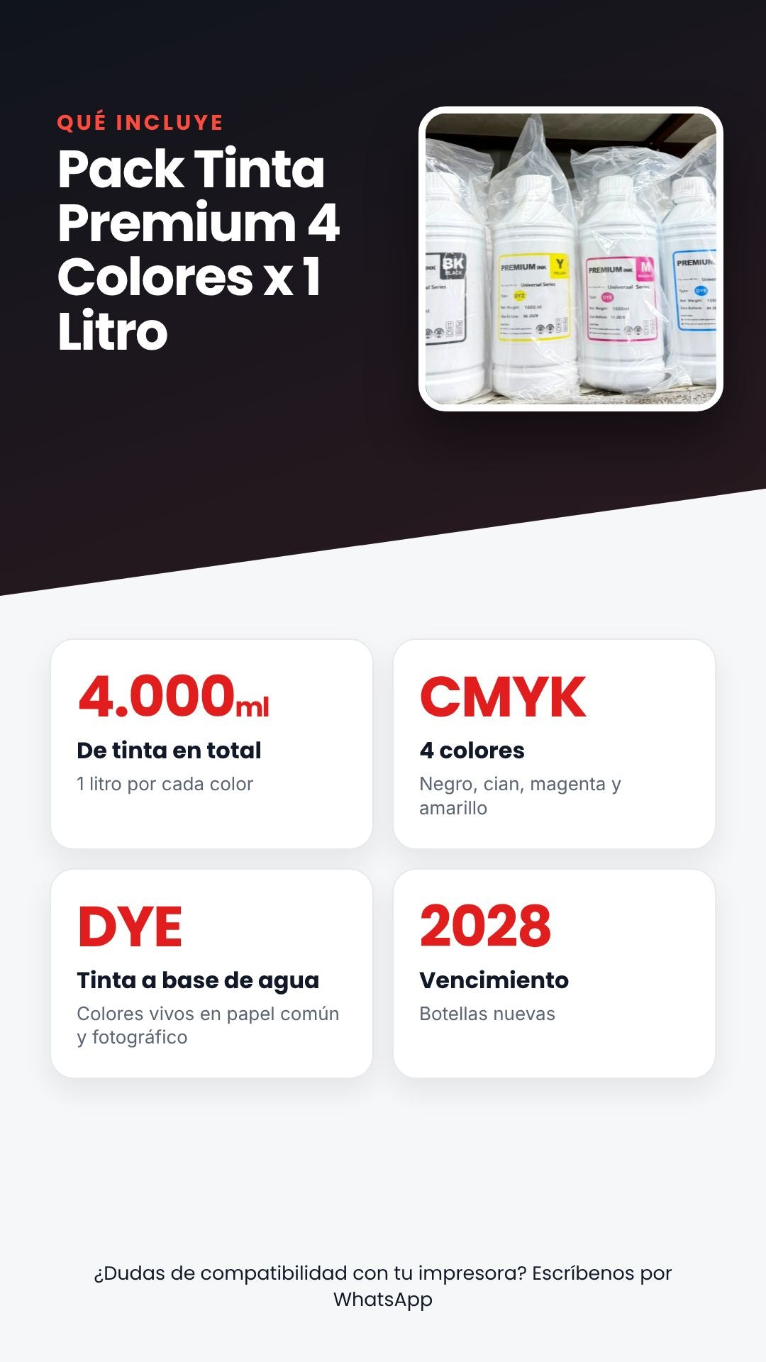 Pack Tinta Premium 4 Colores x 1 Litro – Tinta Universal DYE (BK, C, M, Y)