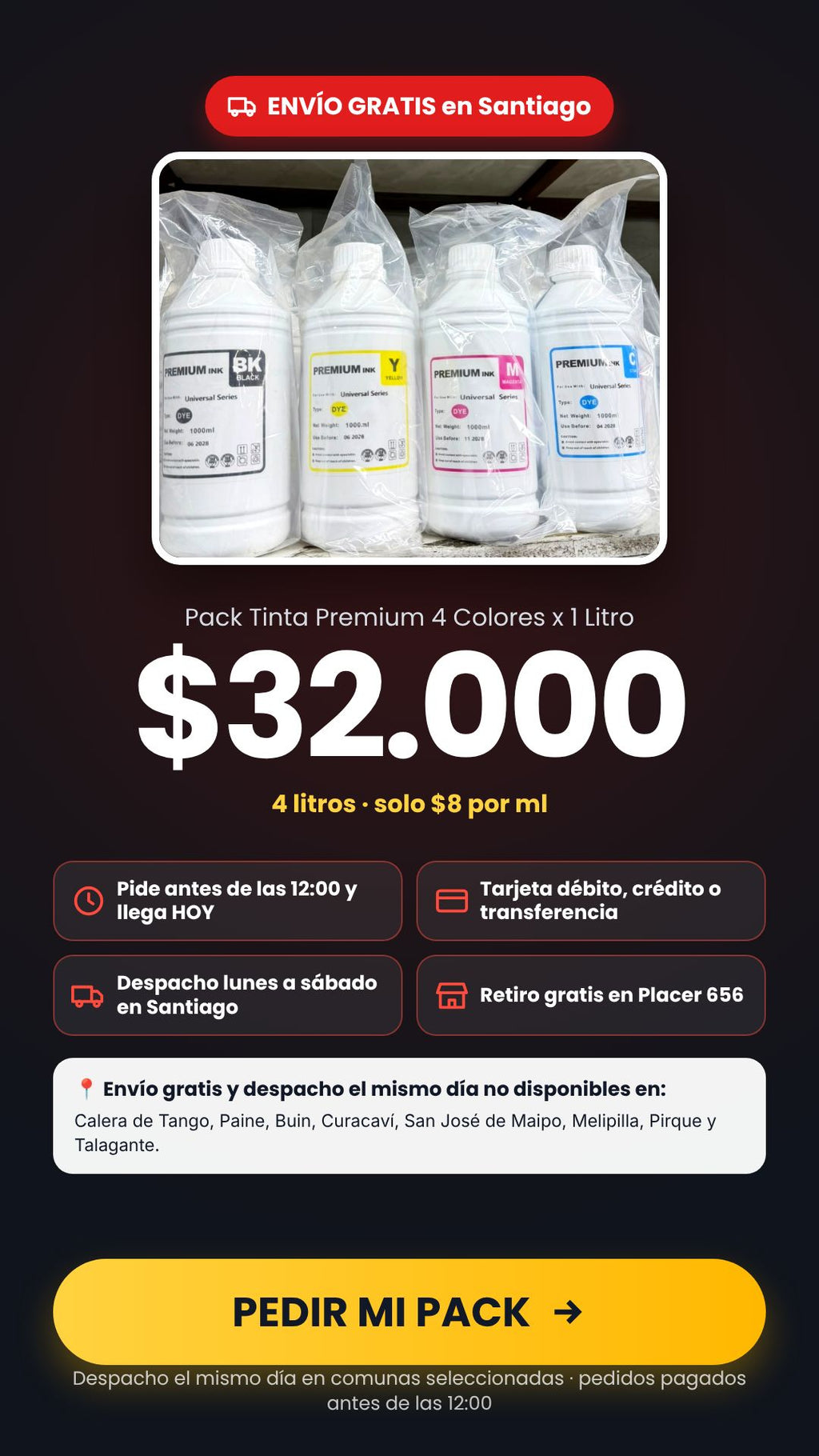 Pack Tinta Premium 4 Colores x 1 Litro – Tinta Universal DYE (BK, C, M, Y)